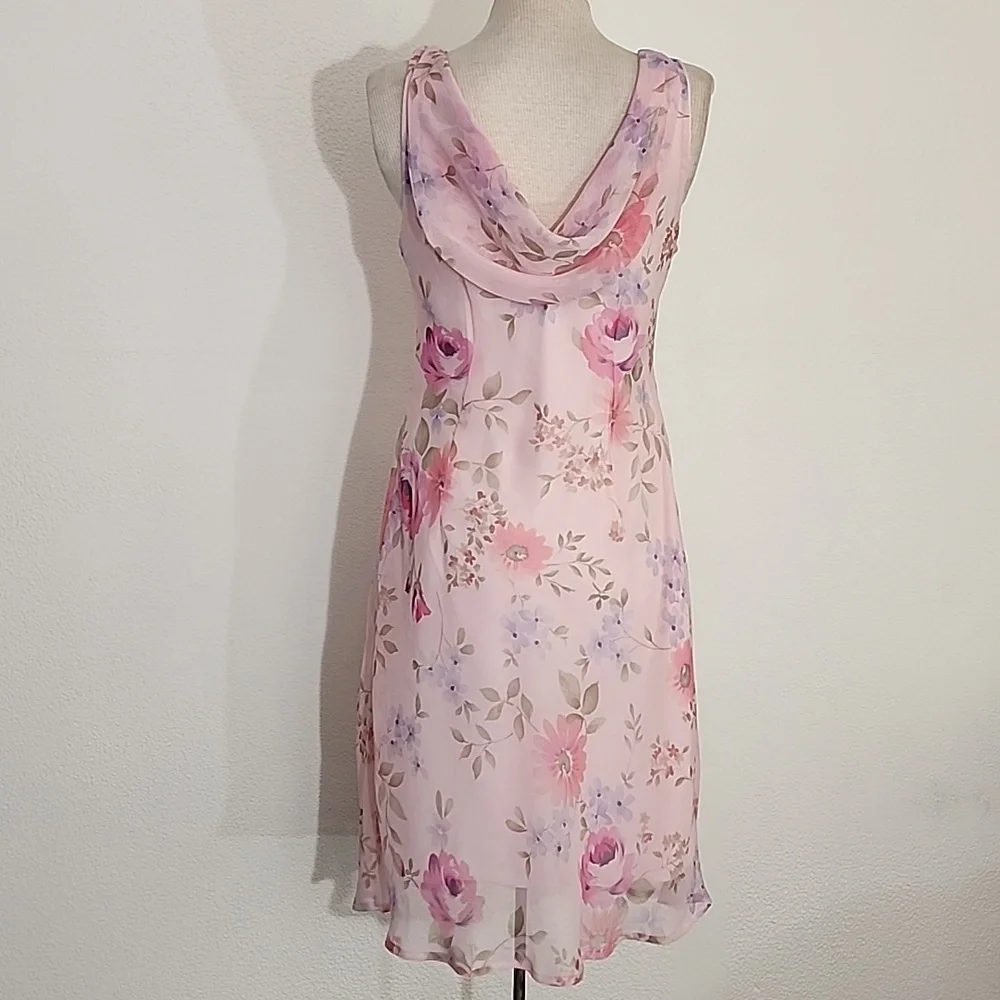 Dress Cowl Drape Back Floral Semi Sheer Overlay Lined Pink Size M - Picture 7 of 9